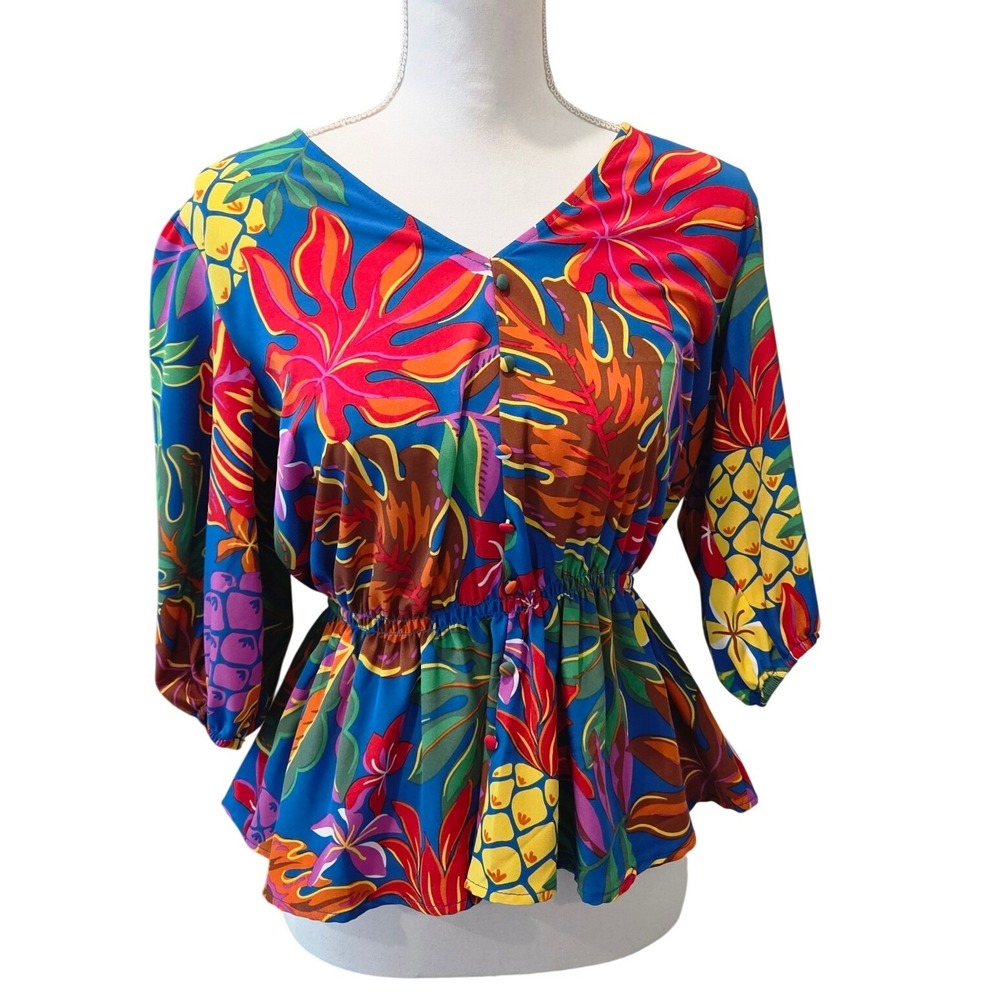 Indigo Rose Tropical‎ Peplum Blouse Cinched Waist Blue Floral Pineapple Small